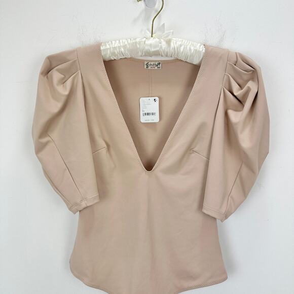 Free People VaVa Voom Bodysuit Taupe Puff Sleeve Basics Stretch Deep V XS NWT - Picture 5 of 11